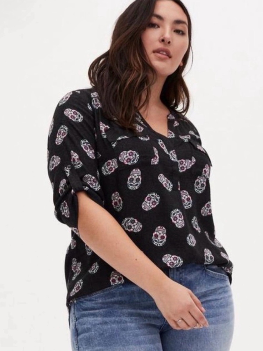 Torrid Harper Black Sugar Skull Dia De Los Muertos Brushed Rayon Blouse